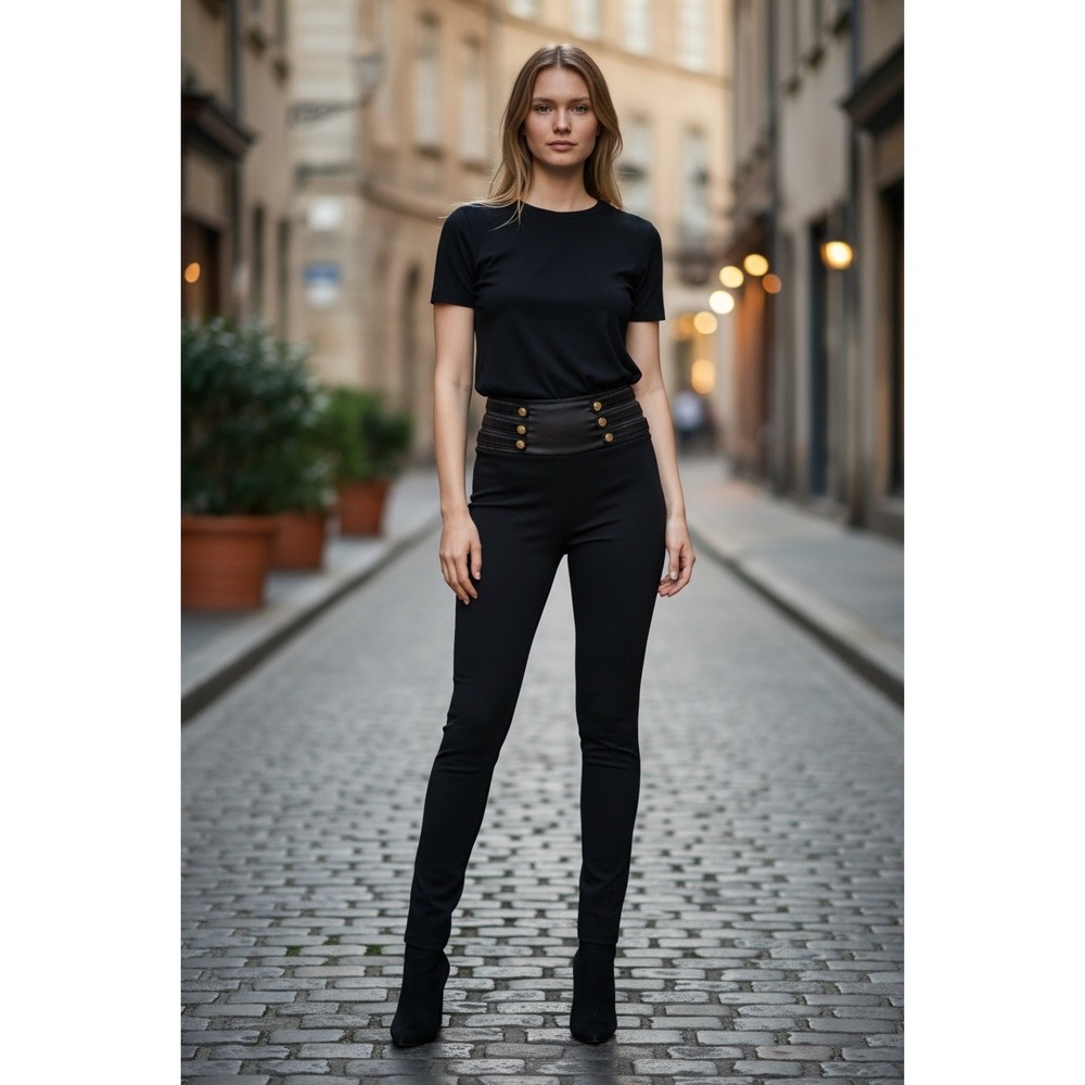 Bebe Black High Waist Corset‎ Skinny Pants Gold Button Military Detail Small